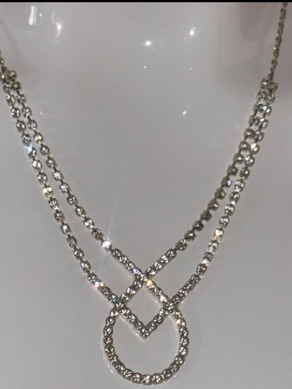 Silver Crystal Double-Layer Necklace with Circle Pendant Art Deco